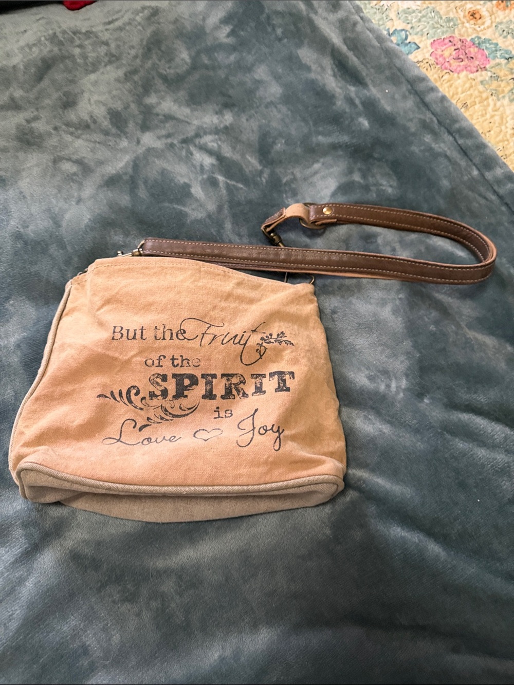 Beige Suede Crossbody Bag with Inspirational Script